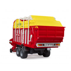 Red and yellow Bruder Pottinger Jumbo 6600 Profiline forage trailer model with detailed features.