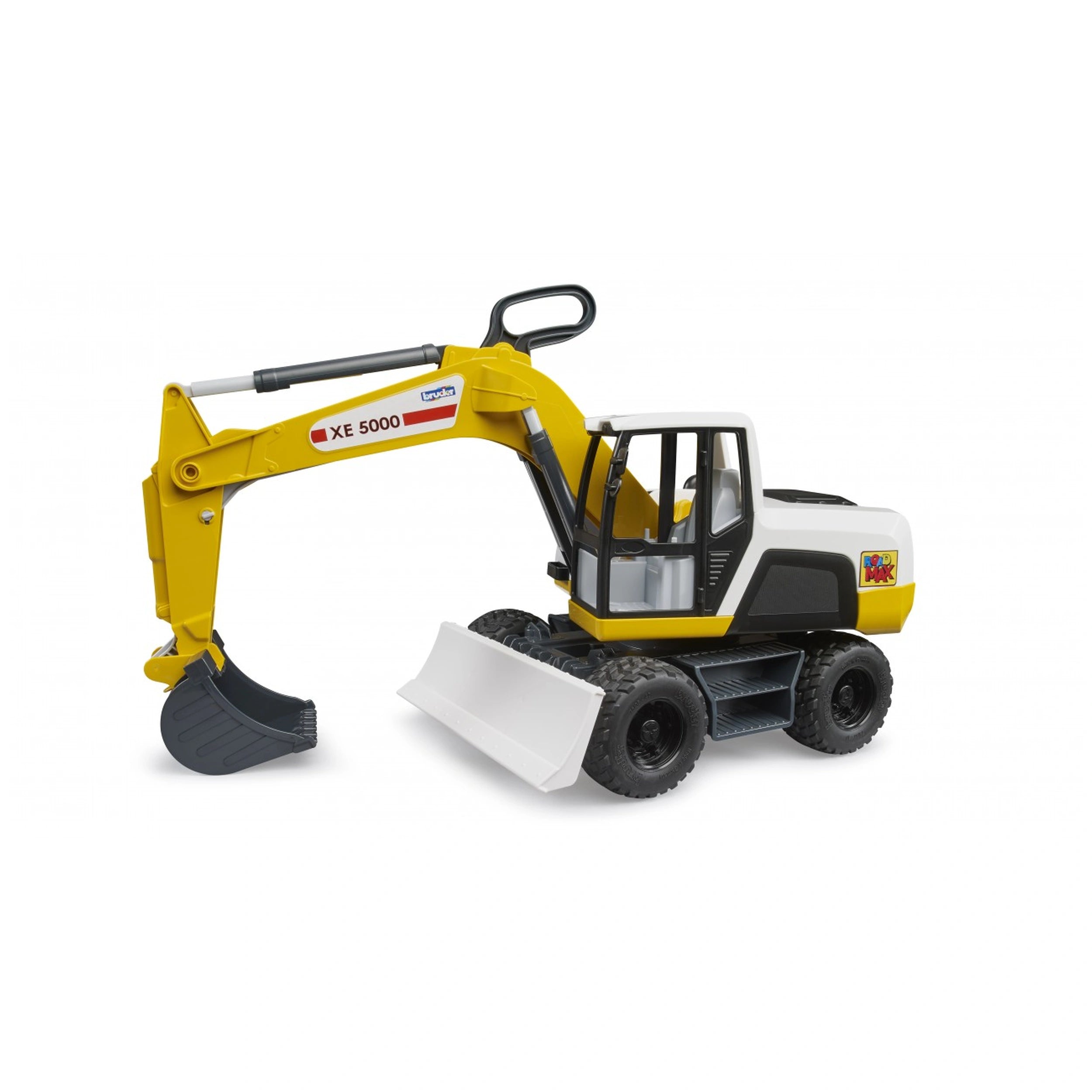 Yellow and white Bruder ROADMAX excavator toy, featuring large wheels and a movable arm, designed for young children.