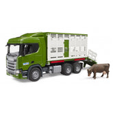 Green Bruder Scania 560R truck model with livestock trailer and a brown cattle figure on a white background.