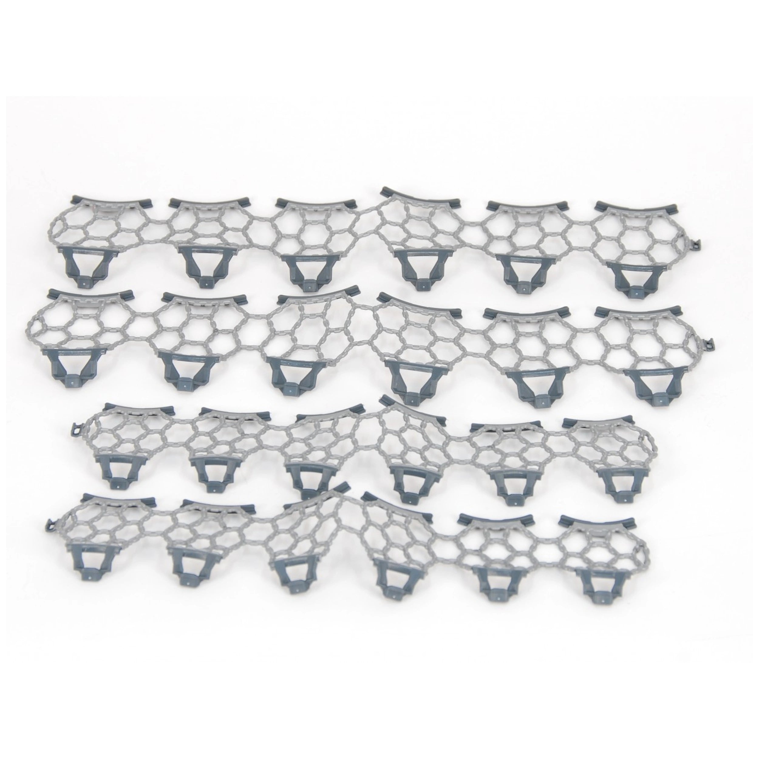 Snow chains set for Claas Axion 950 toy vehicle, featuring interlocking hexagonal gray and black patterns.