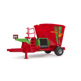 Red and green Bruder Strautmann Verti-Mix 1050 toy fodder mixer with wheels and digital display.