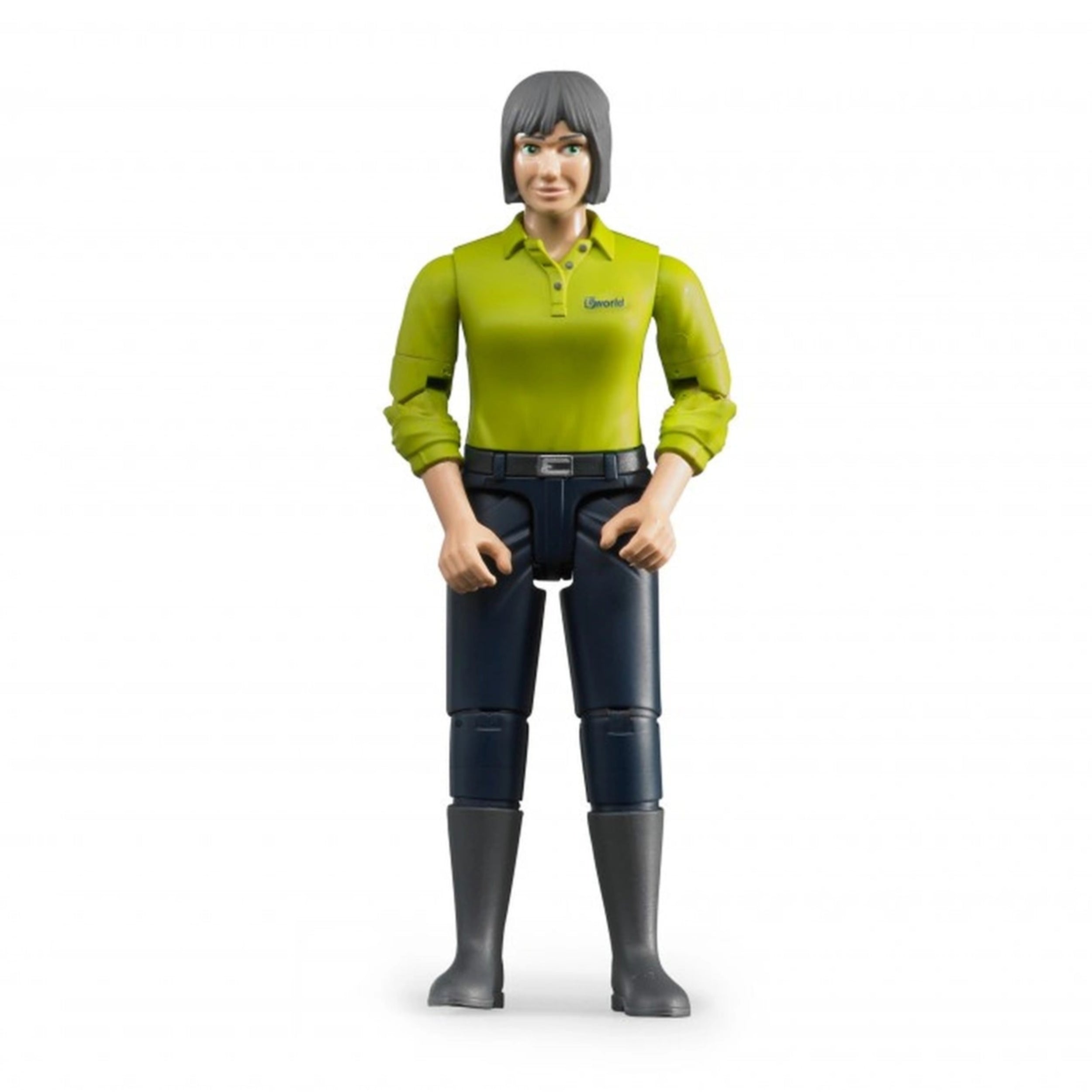 Bruder figure of a woman with light skin, gray hair, green shirt, dark blue jeans, and black boots, standing upright.
