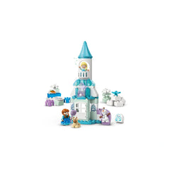 LEGO® DUPLO® Frozen Castle Party set featuring a snowy castle with a blue roof, Anna and Elsa figures, Olaf, and Baby Sven seated nearby, surrounded by playful accessories.