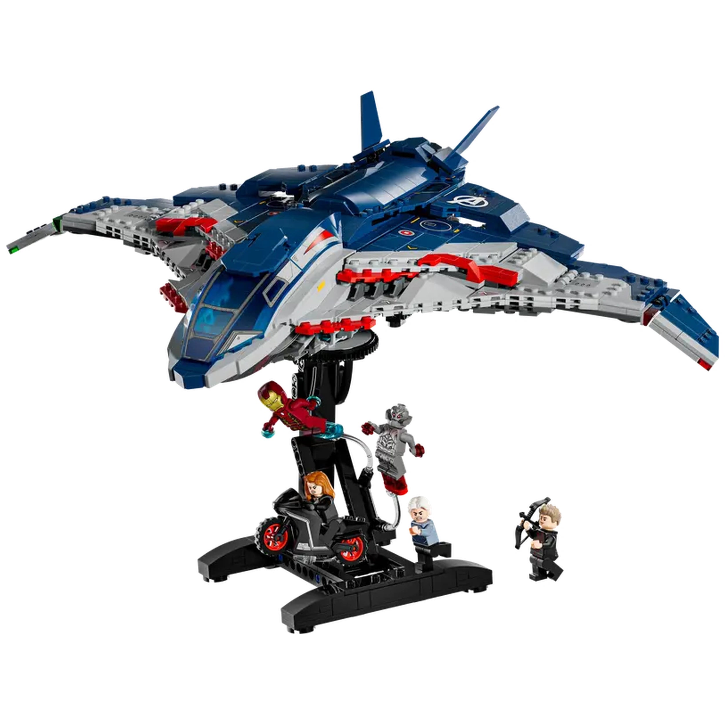 LEGO Quinjet from Avengers: Age of Ultron featuring intricate details, standing on a display stand with Iron Man, Black Widow, and other minifigures.