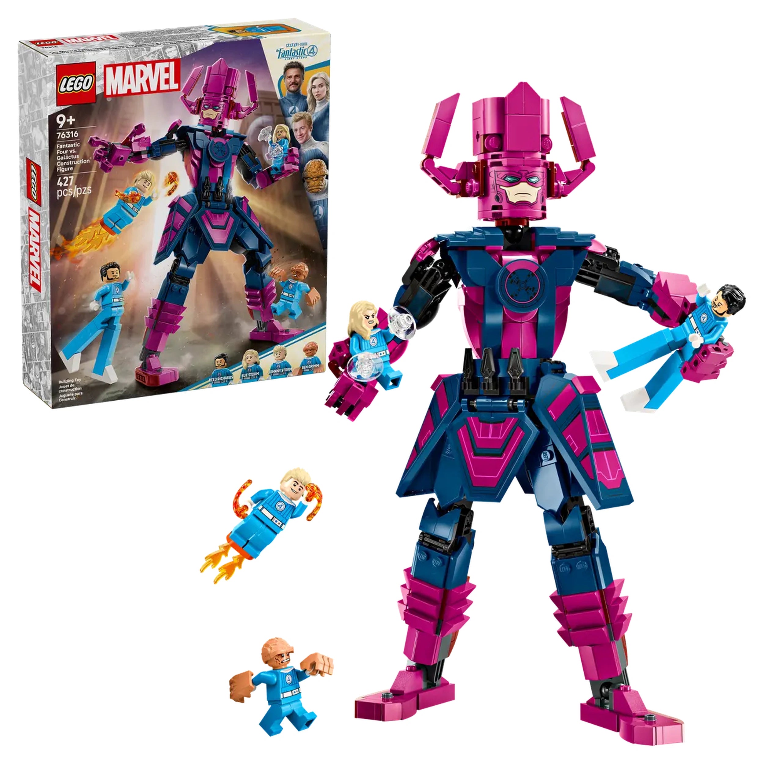 Fantastic Four VS Galactus construction set featuring a large Galactus figure in pink and purple, surrounded by four minifigures: Mr. Fantastic, Human Torch, Invisible Woman, and The Thing. The set includes dynamic elements like flame effects and force shields, with the colorful box in the background showcasing the characters and age recommendation of 9+.