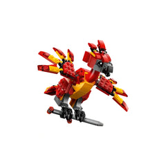 Colorful LEGO® Fawkes™ figure with red and yellow feathers, detailed wings, and a vivid beak, posed mid-flight.