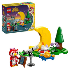 LEGO Animal Crossing Stargazing with Celeste set featuring a red owl minifigure, telescope, and colorful outdoor scene with flowers and a crescent moon backdrop.