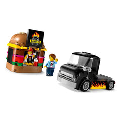 Lego City Burger Truck set features a mobile black truck with flame decals and a colorful burger stand. Two minifigures, a vendor and a customer, are included, showcasing vibrant details.