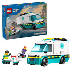 LEGO® City Emergency Ambulance set featuring a white and teal ambulance, two minifigures, and a skateboard.