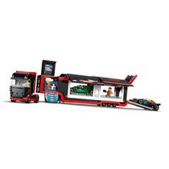 LEGO City F1 Truck featuring a black and red transport truck with a detachable trailer, displaying RB20 and AMR24 F1 cars, and minifigures, designed for creative play.
