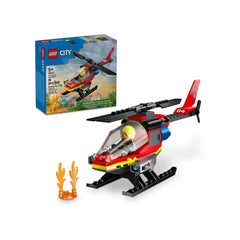 LEGO City Fire Rescue Helicopter set featuring a vibrant red helicopter, a firefighter minifigure, and two water element launchers.