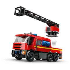 Red LEGO fire truck with a modular ladder raised above, showcasing a detailed design. Features include blue lights and a yellow stripe.