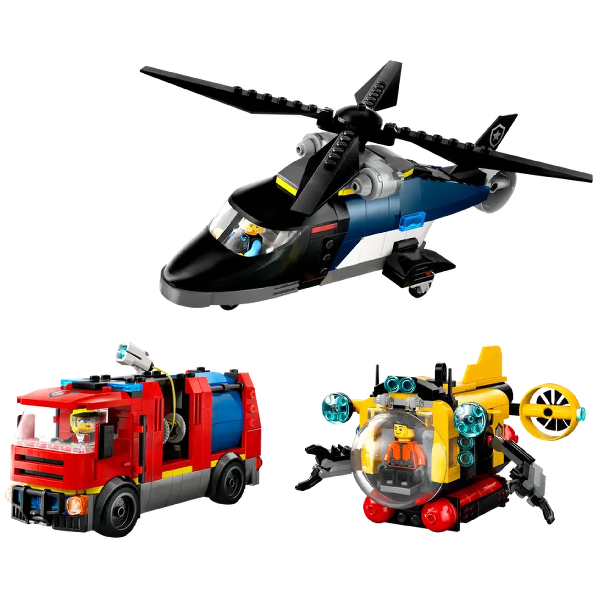 LEGO City construction set featuring a black helicopter with spinning rotors, a red fire truck, and a yellow submarine with claw arms.