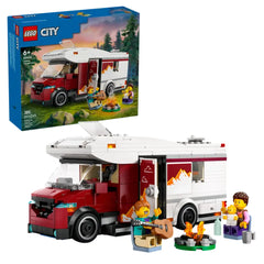 LEGO City Holiday Adventure Camper Van set featuring a red and white camper with kids playing outside, enjoying a campfire and guitar.