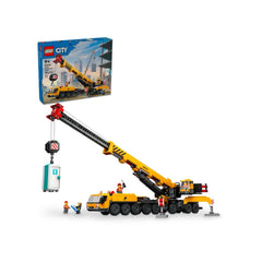 LEGO® City Mobile Construction Crane set featuring a yellow crane lifting a portable bathroom, with miniature workers beside a 16-wheel truck.