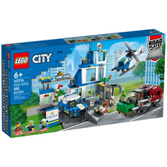 LEGO City Police Station set (60316) featuring a detailed 3-level police station, patrol vehicle, helicopter, and five minifigures.
