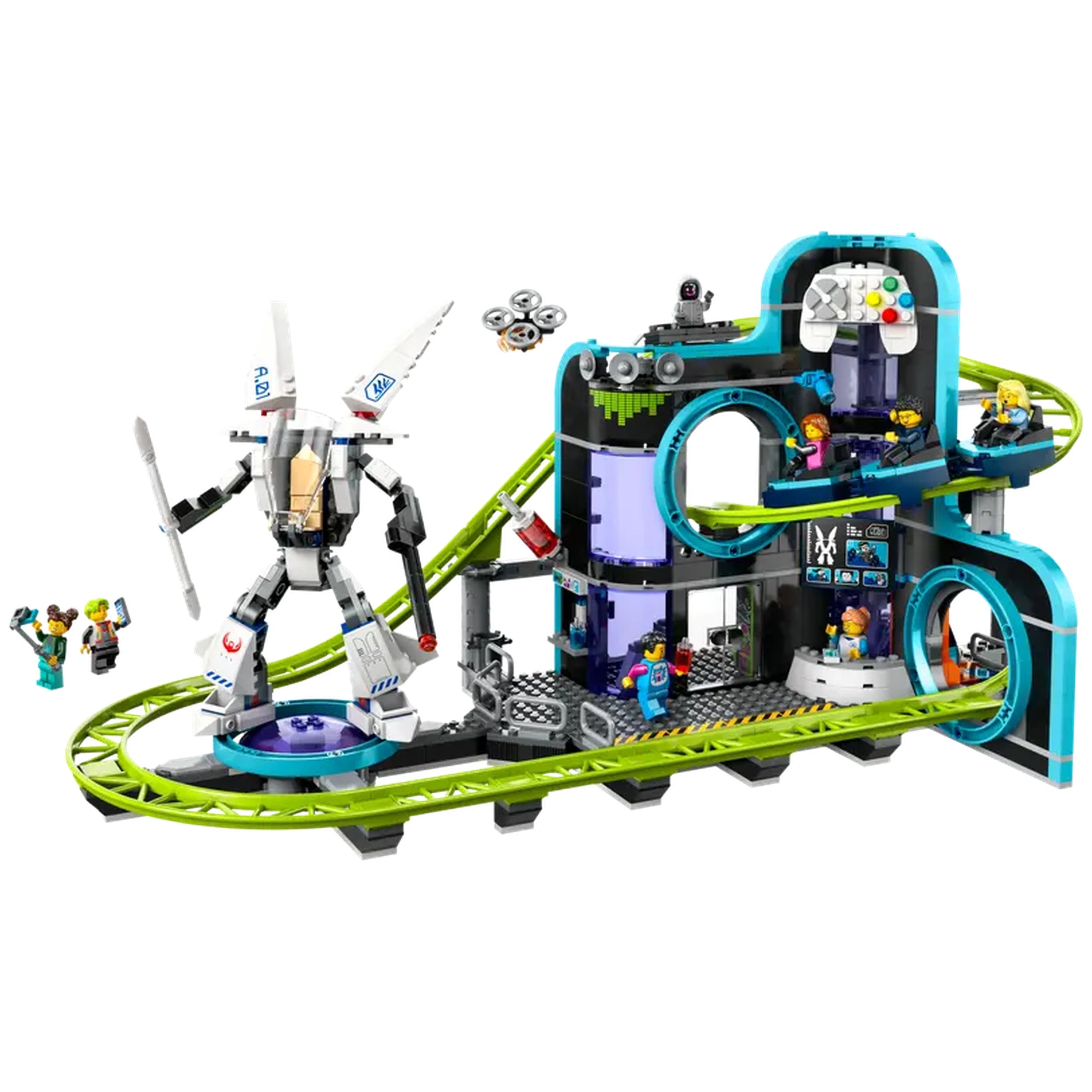 LEGO City Robot World construction set with a roller-coaster track, a mech suit, and colorful gaming-themed elements.