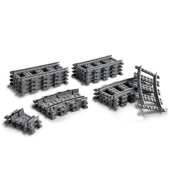 LEGO City Tracks Construction Set featuring various pieces: 8 straight, 4 curved, and 8 flexible tracks in gray, designed for creative train layouts.
