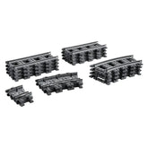 Set of LEGO® train tracks including 8 straight, 4 curved, and 8 flexible pieces, in assorted gray tones, ready for building.