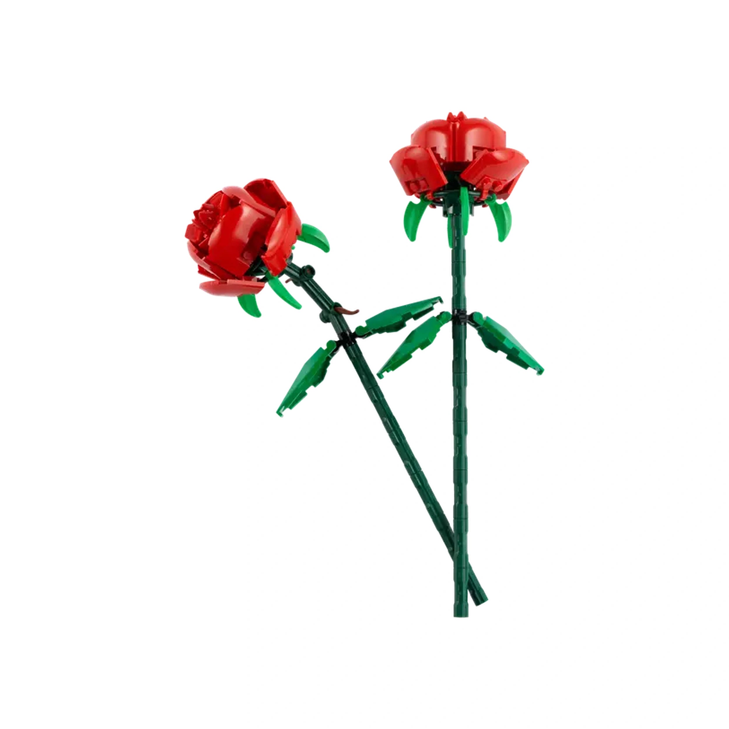 Two vibrant red LEGO® roses with green stems and leaves, designed for display as decorative floral arrangements.