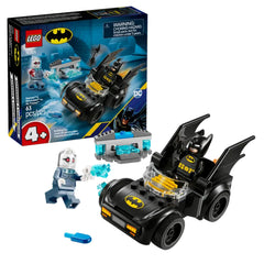 LEGO Batman set with the Batmobile, featuring Batman minifigure in the car and Mr. Freeze with icy accessories. Bright colors and detailed design.