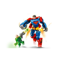 Superman in a blue and red mech suit confronts Lex Luthor, who wields a gun, set against colorful action effects.