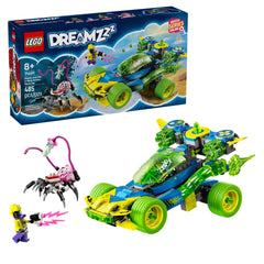 LEGO DREAMZzz Mateo and the Z-Blob Action Race Car set, featuring a colorful blue and green vehicle with oversized wheels, two shooters, and a spider-like creature. Includes a small figure with a ray gun. Box in the background highlights the imaginative story and components. Suitable for ages 8 and up.