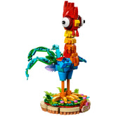 Colorful LEGO® construction set of Heihei, a chicken from Disney’s Moana, featuring adjustable wings and a vibrant display stand with flowers.