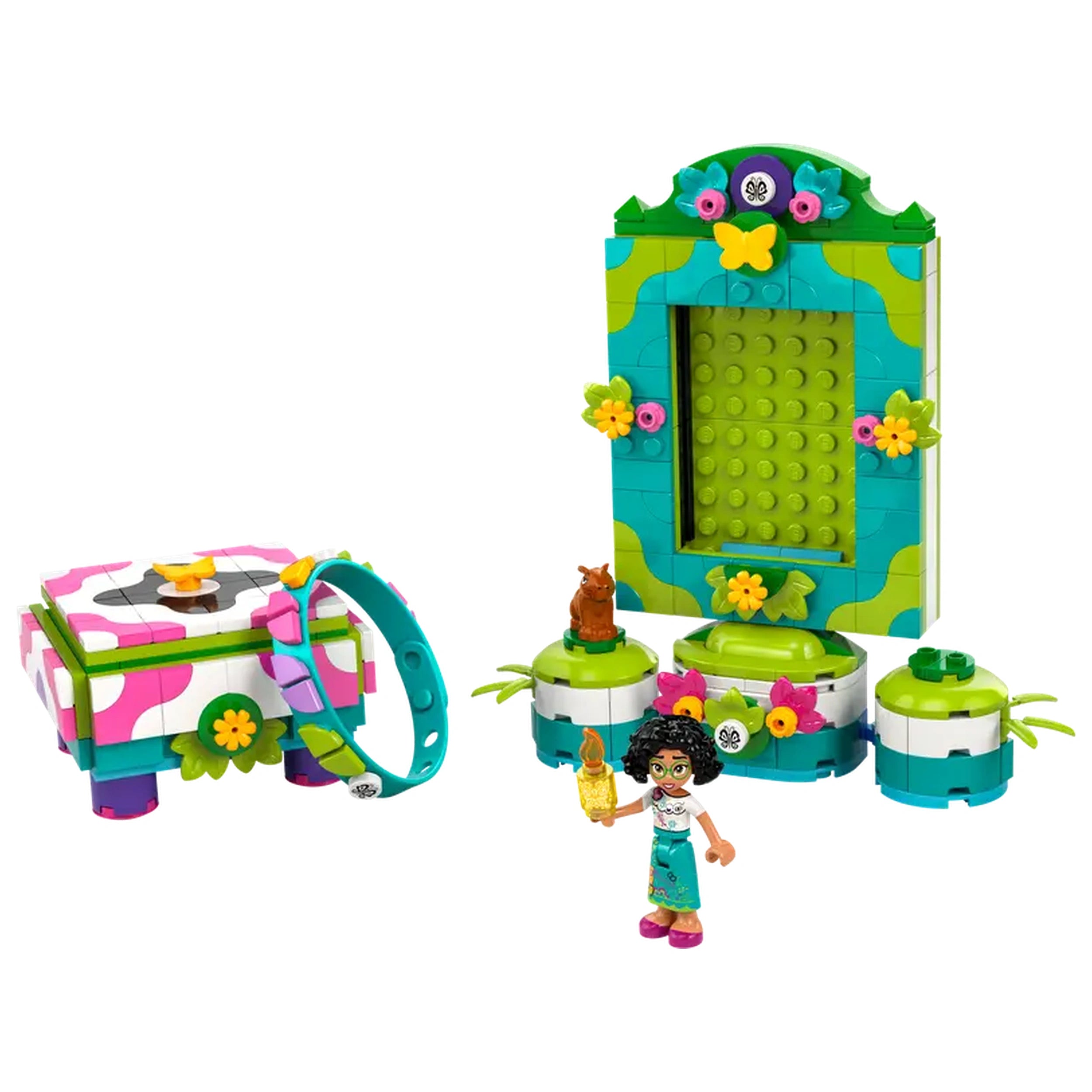 Colorful LEGO® Disney Encanto construction set featuring Mirabel, a jewelry box, photo frame, and a small capybara figure.