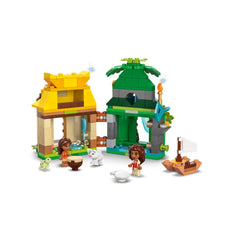 LEGO® Moana's Island Fun set featuring a yellow and green island model, two micro-doll figures, a pig, and a small boat.