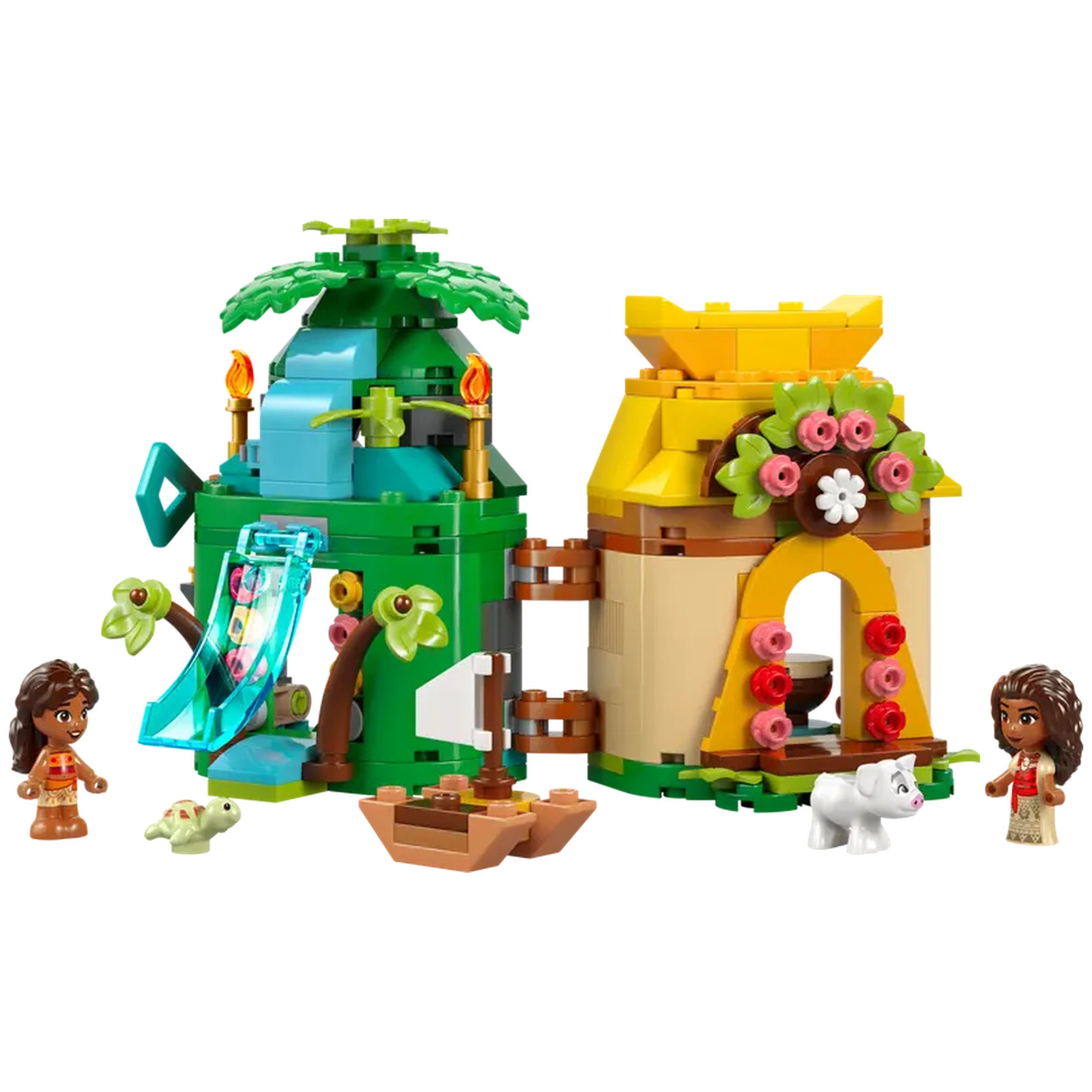 LEGO® Disney Moana's Island Fun set featuring a green island structure with a waterfall slide, a cozy yellow house adorned with flowers, and two micro-doll figures of Moana and her sister, along with a white pig figure.