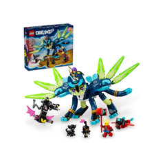 LEGO® DREAMZzz™ Zoey and Zian the Cat-Owl construction set, featuring a vibrant blue and green Cat-Owl figure, with wings and dynamic accessories, alongside mini-figures and other characters on a white background.