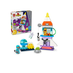 Colorful LEGO® DUPLO® 3in1 Space Shuttle Adventure set featuring a rocket ship, two astronaut figures, playful alien, and various vibrant accessories.