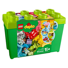 Colorful LEGO® DUPLO® Deluxe Brick Box featuring 85 toddler-friendly bricks in vibrant shades, including a red car and playful characters.