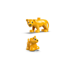 Two playful yellow LEGO® DUPLO® lion figures, one larger standing upright and one smaller in a playful pose, against a white background.