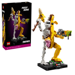 LEGO® Fortnite Peely Bone construction set with vibrant yellow skeleton figure holding a weapon, displayed next to its box, featuring intricate details.