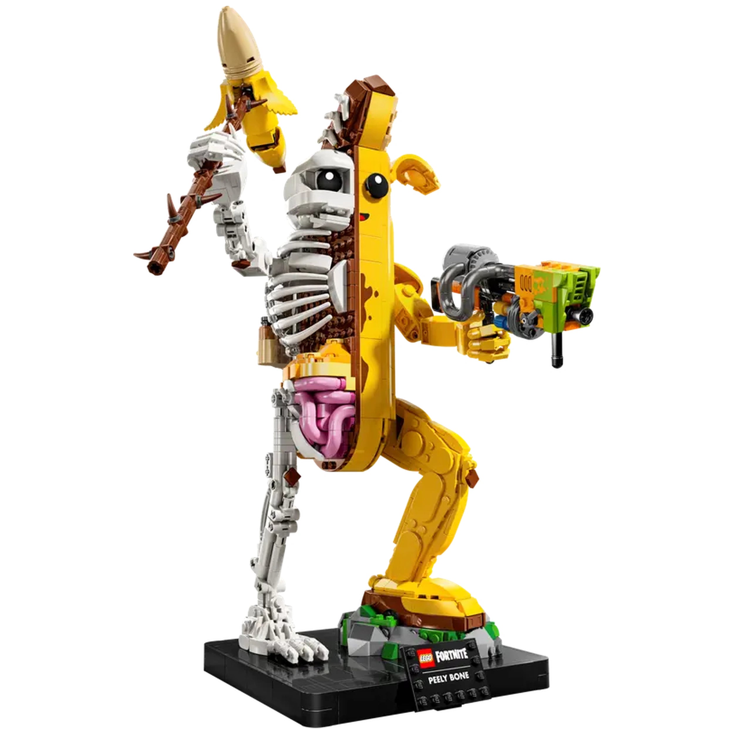 LEGO Fortnite Peely Bone construction set featuring a whimsical banana-skeleton character holding a weapon, standing on a display base.