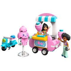 LEGO Friends Cotton Candy Stand featuring two minidolls, a pink food cart with cotton candy, and a blue scooter.