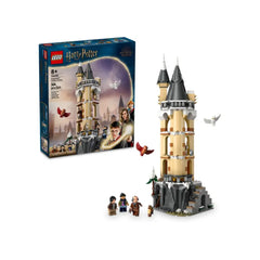 LEGO Harry Potter Hogwarts Owlery set displayed with a tower featuring black roofs, surrounded by owls and mini-figures of Harry, Ron, and Hermione.