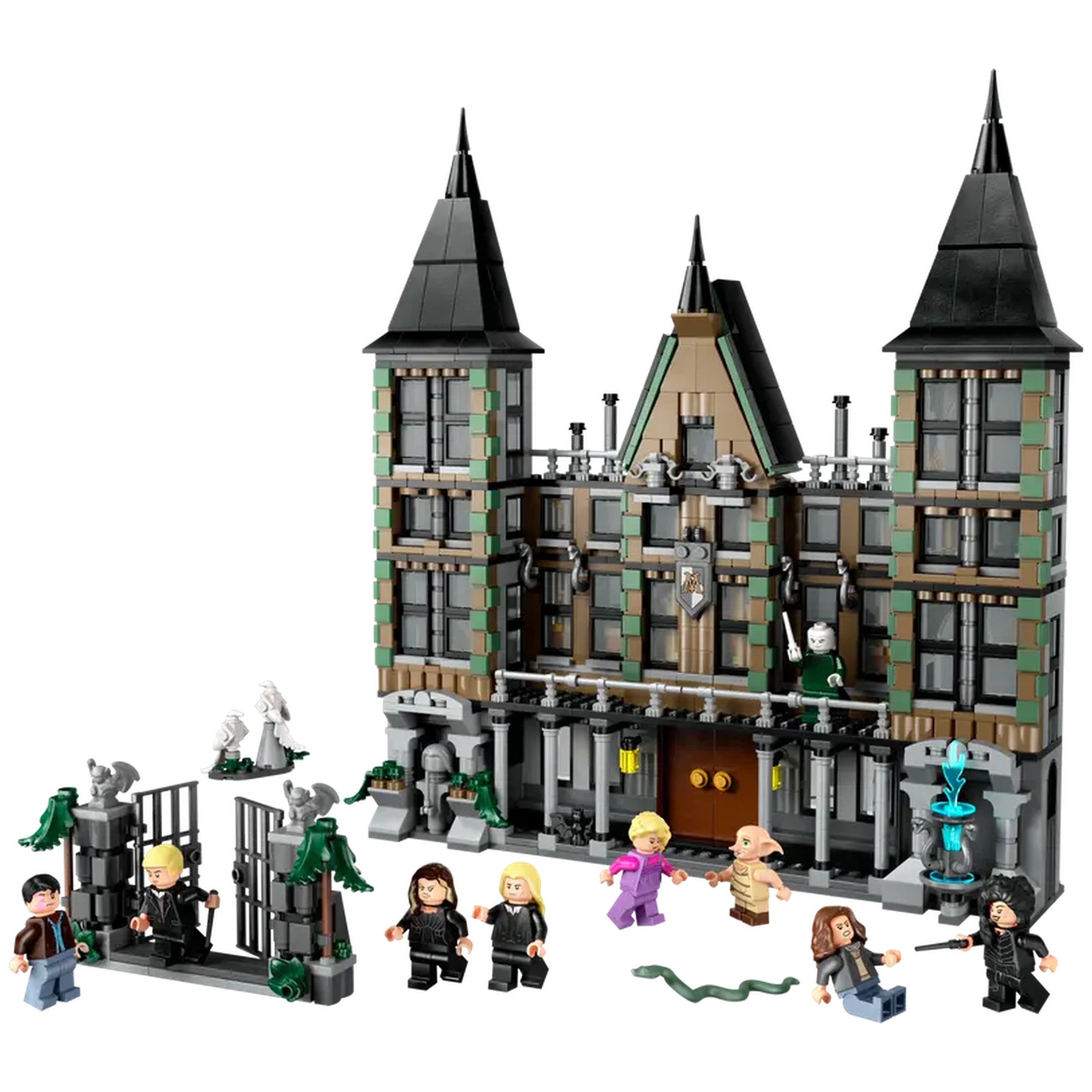 LEGO Harry Potter Malfoy Manor construction set featuring a detailed model of the mansion with pointed towers and iconic architectural elements. The scene includes six minifigures: Draco Malfoy, Harry Potter, Bellatrix Lestrange, Hermione Granger, and more, positioned around the set with a decorative gate and magical accessories.