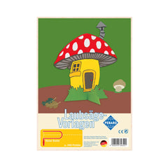 Bright mushroom house illustration on green background with "Laubsäge-Vorlagen" by PEBARO branding.