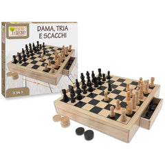Teorema - Chess Checkers and Tria 3-in-1 Wooden Set - Board Games