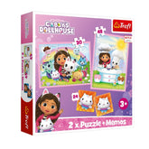 Trefl - 2 Puzzles in 1 + Memos - Gabby's Dollhouse Gabby with her Cat Friend - Puzzle & Card Game Age +3 - TRF93382