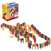 Colorful wooden domino set with packaging on a white background