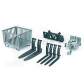 Basket pallet, four black hay forks, two pallet forks, adapter, and cable winch for Bruder frontloader toy set.