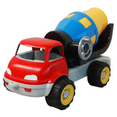 Red Androni concrete mixer truck toy with blue and yellow mixer drum, featuring black and yellow wheels.