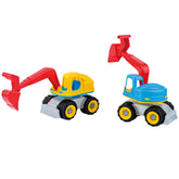 Two colorful plastic digger play vehicles; one yellow and red, the other blue and red, with robust wheels.