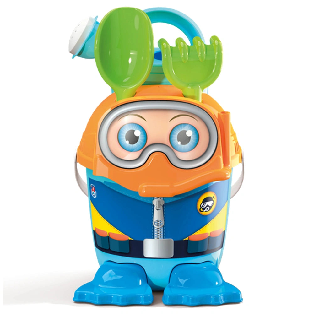 Scuba diver-themed toy set with an orange bucket, blue fins, and green shovel and rake on top.