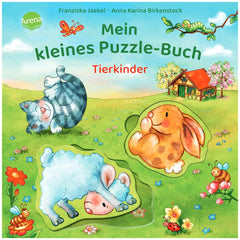 ARENA Mein kleines Puzzle-Buch cover features a cheerful blue cat and rabbit in a colorful countryside setting.
