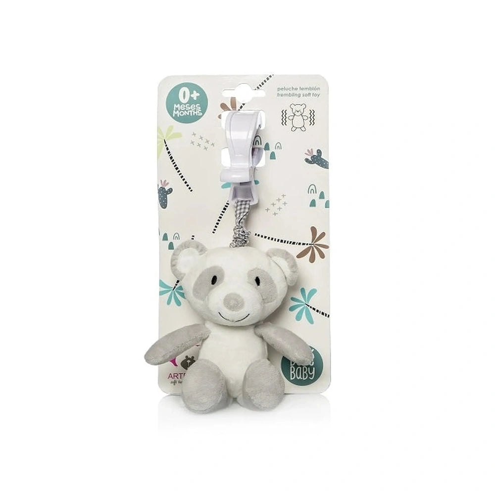 Gray and white Artesavi Panda Rattle Plush with a clip, suitable for newborns, displayed on decorative packaging.